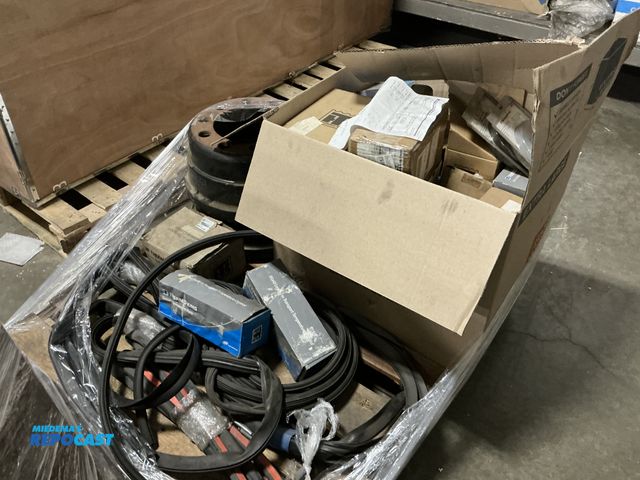 Lot 2-69713 - Skid of Auto Parts and Tools including Wire Wheel Brush, Compressor Oil, Filters, and more