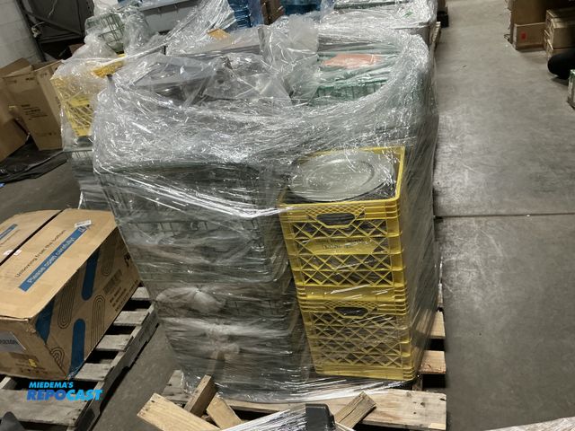 Lot 2-67194 - Large skid lot of dishwares including: plastic silver chargers, glass champagne glasses, white coffe...