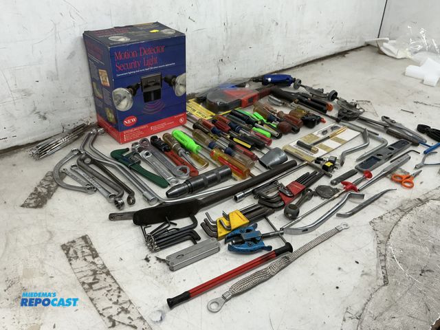 Lot 2-36944 - bucket of tools including screw drivers, crescent wrenches, chisels, oil wrench, hammers, allen wren...