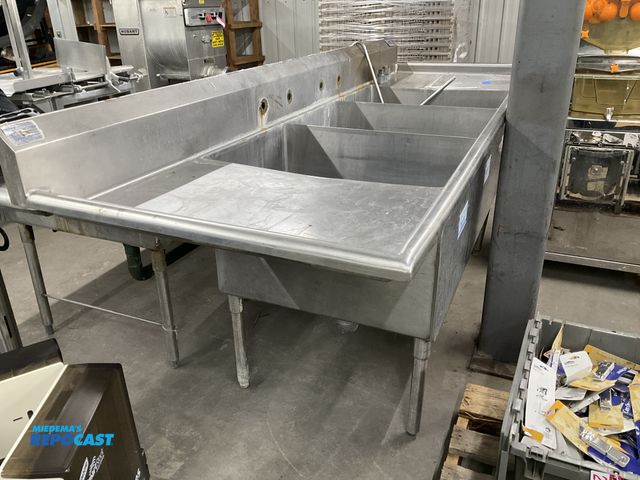 Lot 2-23909 - (1) M&amp;E mfg co. 104” length x 36” height x 33” depth, 3-basin stainless steel sink. (Faucet is i...