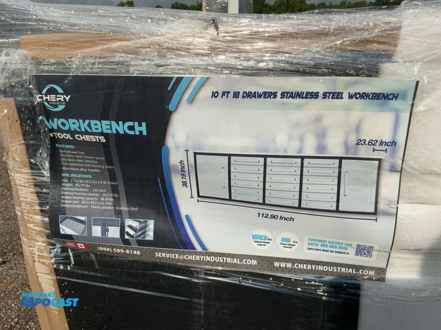 Lot 2-40978 - New Chery Industrial 9'5" 18-Drawer Steel Workbench, Stainless Steel Top, Cabinet Doors, and Drawer ...