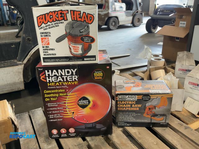 Lot 2-67036 - Lot of (3) 1- bucket head vacuum, 1- handy heater space heater, 1- electric chain saw sharpener