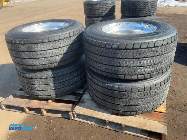 Lot 2-10005 - (4) Recap 445/50R22.5 Super Single Semi Tires on Aluminum Wheels, 0” Offset