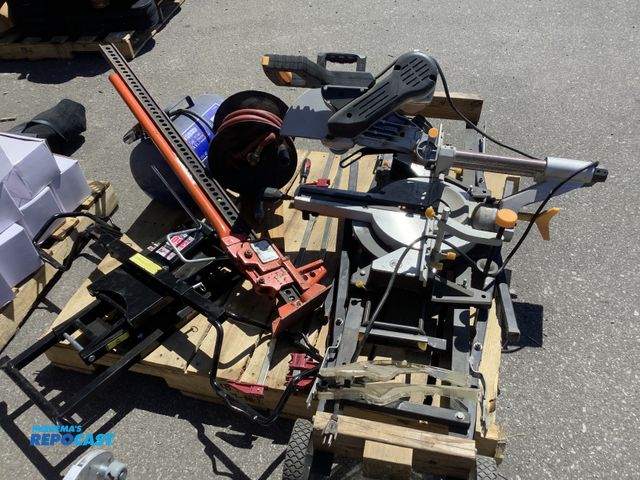 Lot 2-75445 - Skid lot of various tools including a 48” Farm Jack, 350lb MoJackZR350 Mower Lift, 5gal Campbell Exh...