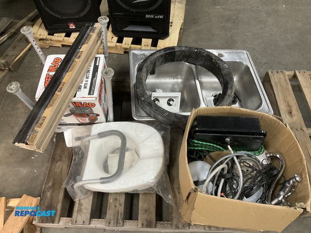 Lot 2-67999 - Skid lot of faucets, sink, hose, shop vac, plastic toilet and more