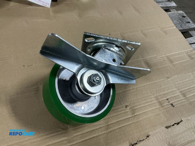 Lot 2-23273 - (4) New 5"x2" Urethane Tread Casters with Brake, Roller Bearings, 4"x4.5" top plate, 6-1/2" Overall ...