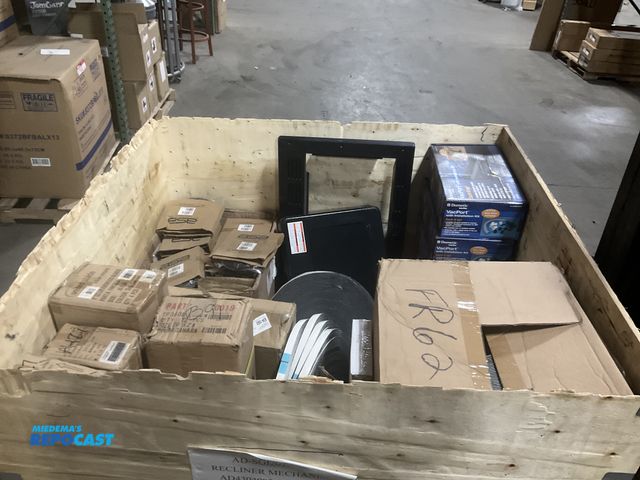 Lot 2-60447 - Crate of Miscellaneous RV Parts Including Vacuum Ports, Foam Tape Rolls, Blinds, and More