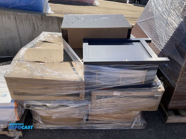 Lot 2-33394 - Skid lot of (2) side table with drawers and white under mount bathroom sinks