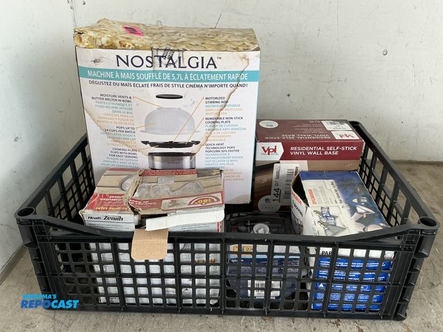 Lot 2-96582 - Crate with a Yale Cylindrical Bored Lever Lockset, Nostalgia 6qt Stirring Speed Popper, Heath Zenith...
