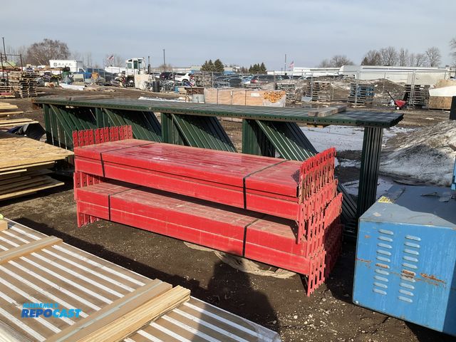 Lot 2-92500 - Lot of red and green heavy duty pallet racking. (8) 42" x 180" Uprights w/ (48) 90" Length Beams.  U...
