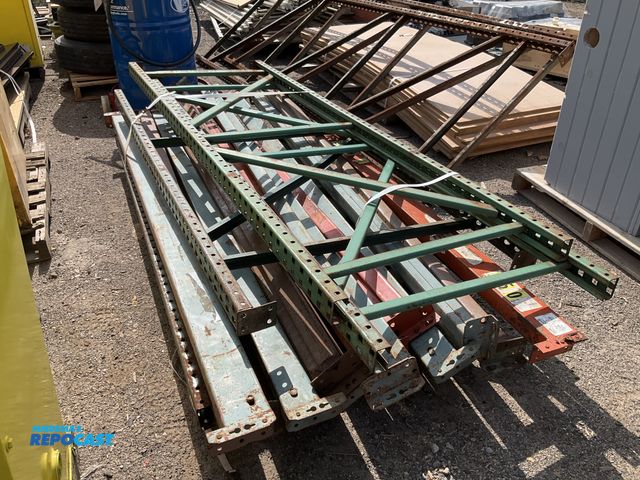 Lot 2-10395 - Metal teardrop pallet rack uprights green lattice structure and orange horizontal beams
