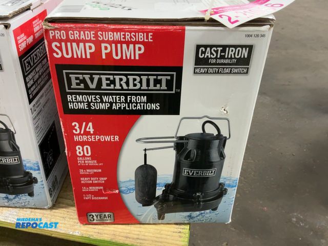 Lot 2-21956 - Everbilt 3/4hp Pro Grade Sump Pump, 80 Gallons Per Minute, Heavy Duty Float Switch, Used Store Retur...
