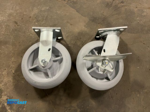 Lot 2-22082 - New Colson 8” x 2” casters, four swivel with brakes and four rigid, Performa rubber, 4” x 4.5” top p...