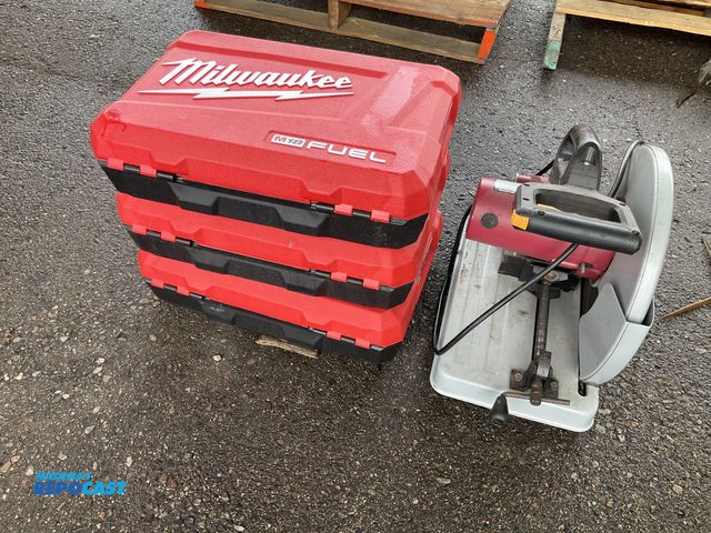 Lot 2-93616 - Including: Chicago electric 14” industrial cut-off saw 3500 rpm 120vac and (3) new Milwaukee portabl...