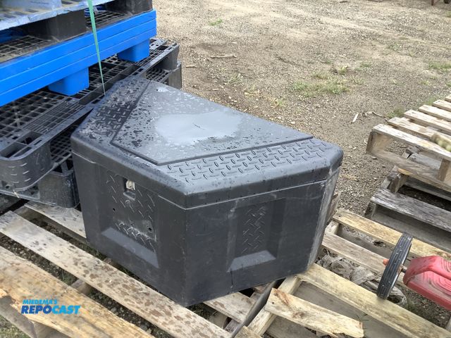 Lot 2-27364 - trailer tool box with lid, fits the front "A" frame box of a trailer for storage of chains and strap...