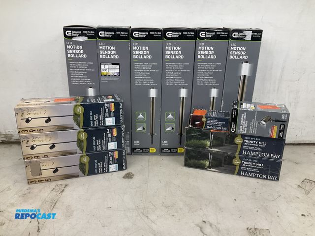 Lot 2-75716 - Lot of various types of outdoor lights including trinity hill led pathway lights, dual spot light po...