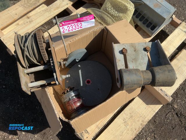 Lot 2-23352 - Lot of (1) Boat Cable Winch, (1) Roller for Boat Trailer, and (3) Assorted Grinding Wheels