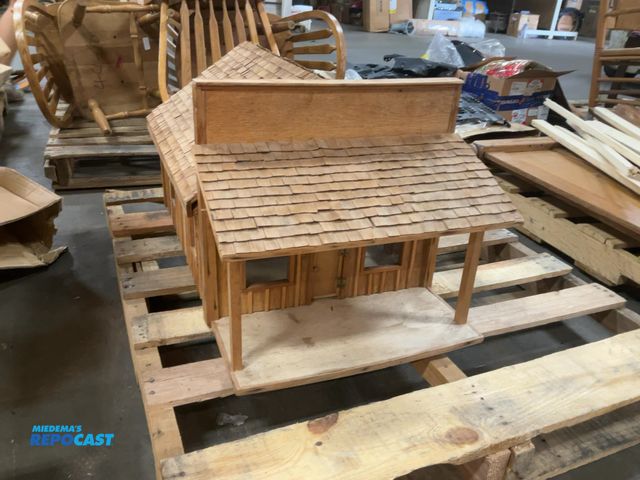 Lot 2-18545 - Wooden Doll Cabin with Latch Roof, 20.75”w x 33.5”d x 17.5”h