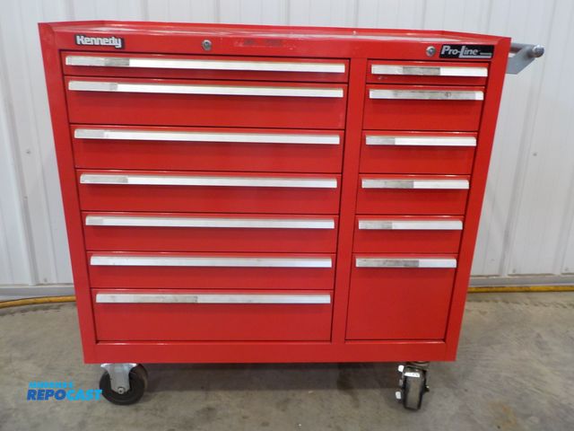 Lot 2-34066 - Kennedy Pro-Line rolling tool box. Thirteen drawer. Push handle. Locking castors. Filled with assort...