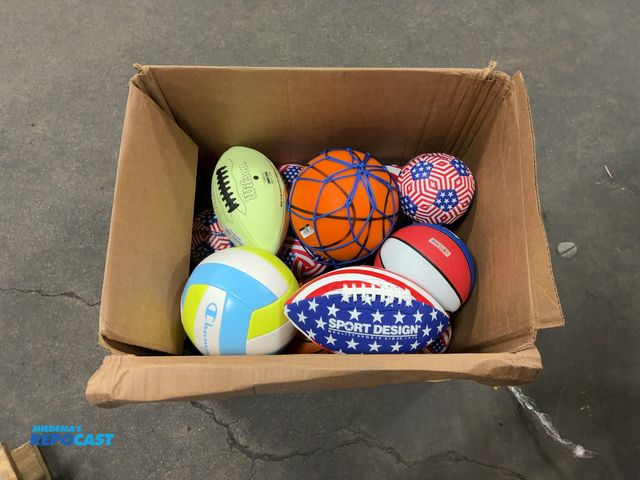 Lot 2-96706 - Box of USA sport design size 1 soccer balls, a champion volleyball, a foam basketball, a NBA mini ba...