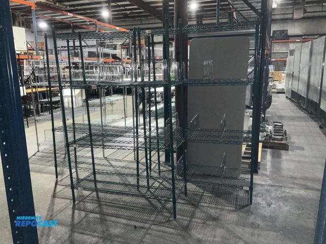 Lot 2-55102 - Lot of (3) 48” width x 72” height x 18” depth green rubber coated wire racks with a total of (11) ad...