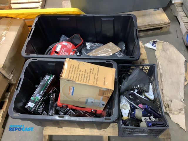 Lot 2-33182 - Skid lot of miscellaneous items including boots/shoes hidream portable washer hitachi screw driver c...