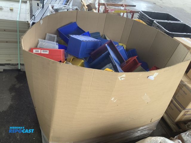 Lot 2-27922 - Gaylord bin full of plastic bins, many sizes and styles, used and new condition