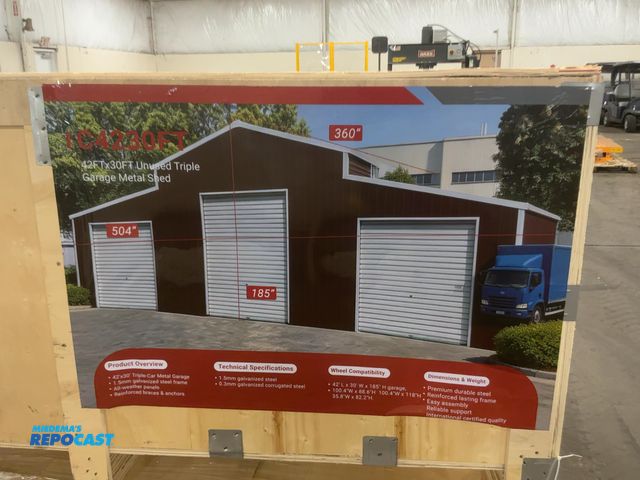 Lot 2-41617 - New SDLANCH 42’ x 30’ Triple Garage Metal Shed, Wine Red, NO DOORS INCLUDED, 1.5 MM Steel Frame, 0.3...