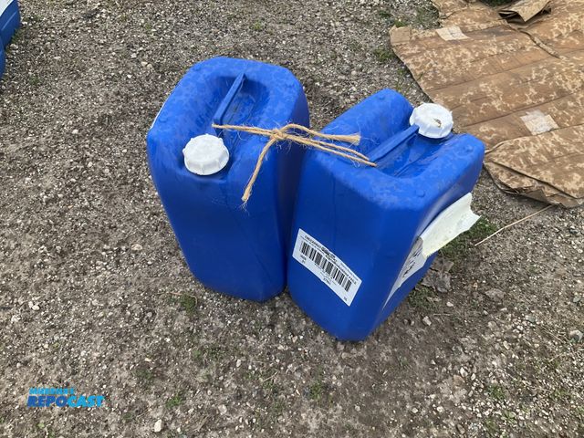 Lot 2-34911 - lot of 2 5 gallon blue plastic containers, contained carrot juice