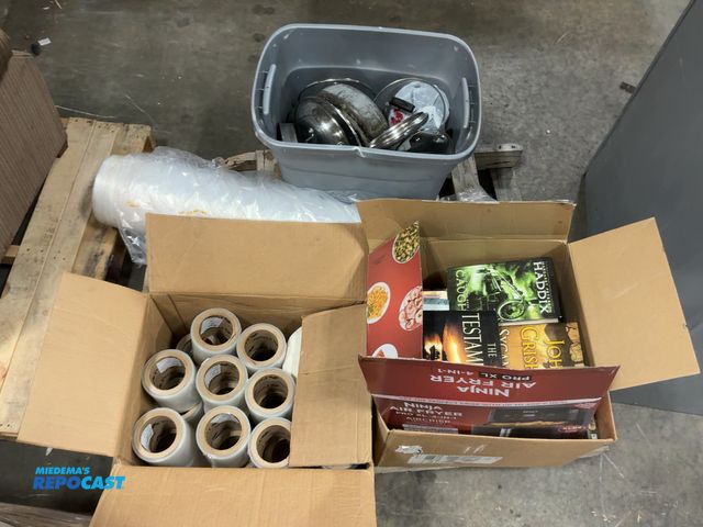 Lot 2-18519 - Skid lot of miscellaneous items including pots and pans, various books, large roll of plastic, and t...