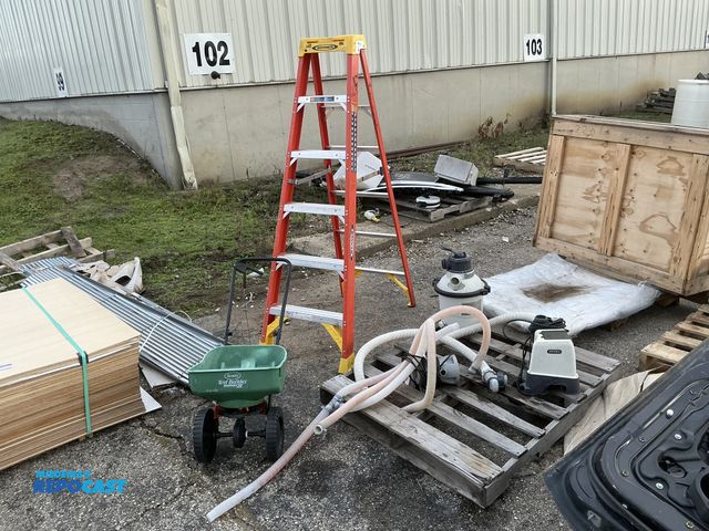 Lot 2-33677 - Lot of 6 step ladder, seed spreader, and pool pumps.