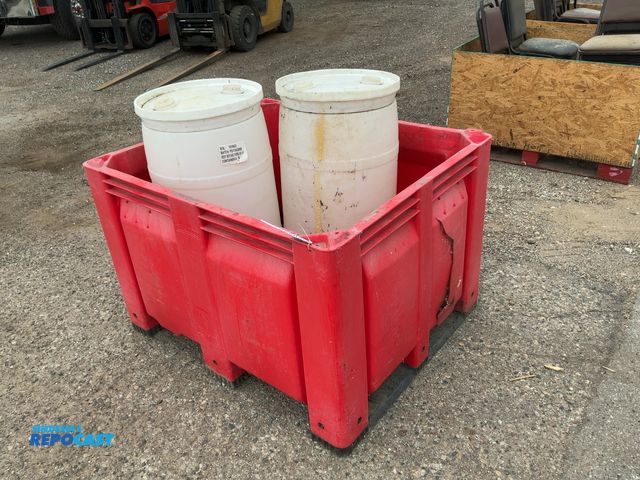Lot 2-20922 - Forkable Poly Crate with (2) Poly Barrels, crate is 40"x48"x31" tall, barrels are approx. 18-1/2" di...