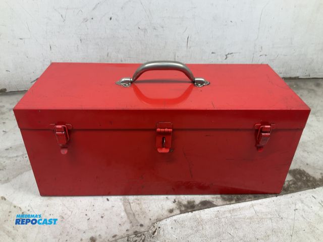 Lot 2-33517 - snap on red metal 21”x9”x9”H tool box, crescent wrenches, misc end wrenches, screw drivers, allen wr...