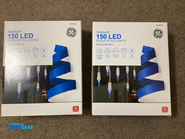 Lot 2-67345 - Two new GE StayBright 150 bulb LED Icicle-style lights. Blue bulb/white wire. Up to 80% energy savin...