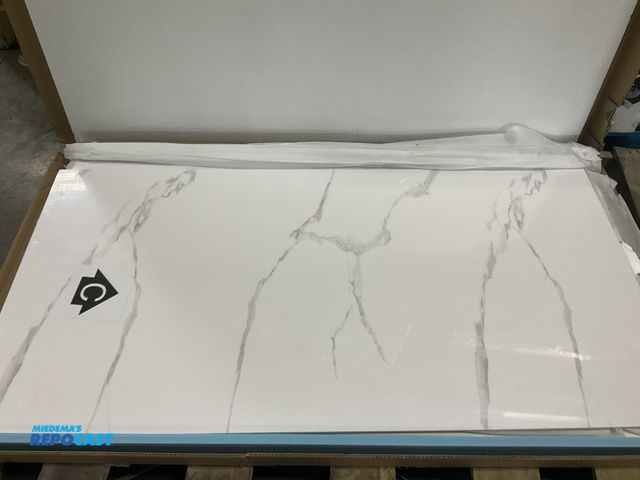Lot 2-74082 - NHIA&amp;Co home decor all in one bathtub wall, 4pc wall set  60”x 32”x 60” white marble.