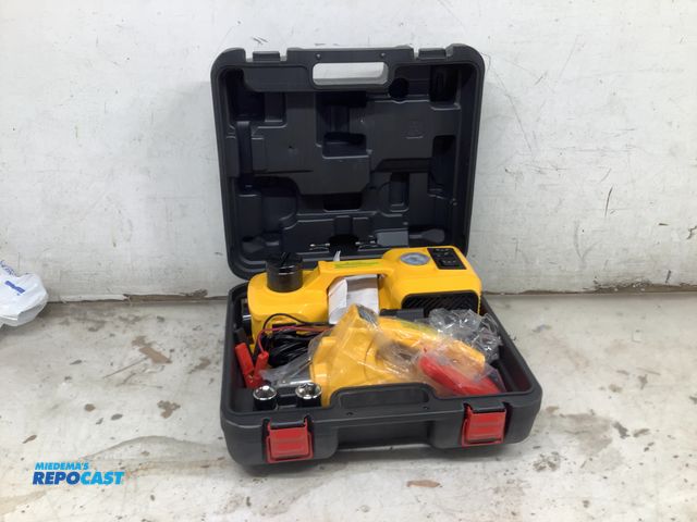Lot 2-18450 - electric hydraulic car jack - includes air compressor &amp; 12v electric impact w/ sockets in a case