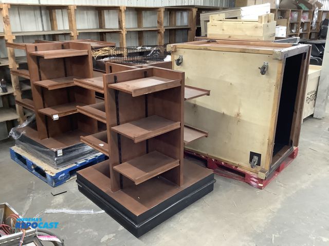 Lot 2-23885 - (2) Wood adjustable shelving displays on casters, Base is 39” by 39” by 49” tall, (3) Wood Box displ...