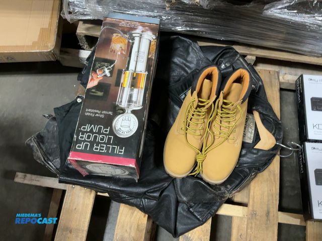 Lot 2-24954 - Lot of Fill’er Up liquor pump, brand new falls creek work boots-size 11, leather vest, and (2) leath...