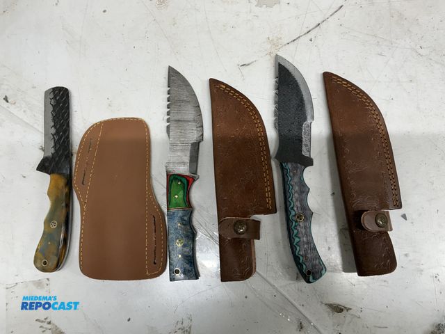 Lot 2-92169 - Lot of (2) Collectible 5.5” blade Damascus Knives &amp; (1) Collectible 4” Damascus Knife