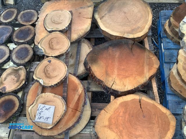 Lot 2-27369 - lot of 15 wood cookies, 2" thick x 10"-19" dia, cherry, oak, pine
