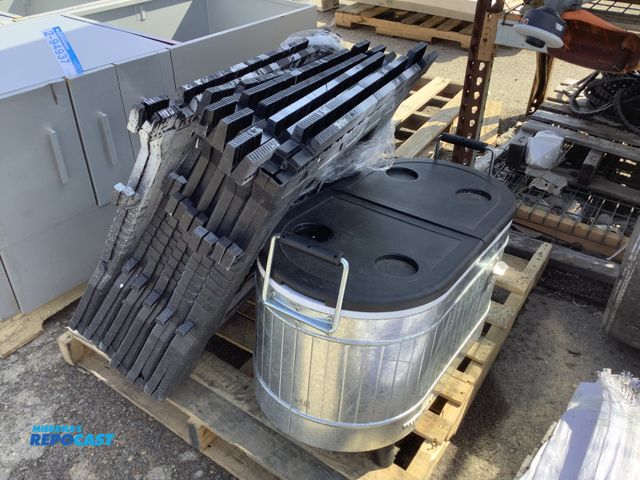 Lot 2-94936 - Skid lot of (6) black painted on saw horses and (1) metal cooler pop off lid with cup holders make: ...
