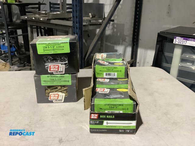 Lot 2-13807 - (10) 1lb Boxes of Grip Rite 10d 3” Galvanized Common Nails, (2) 5lb Boxes of 12d 3-1/4”.