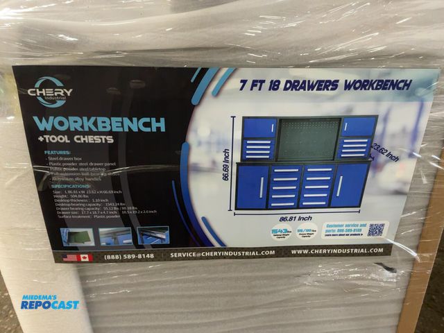 Lot 2-44240 - New Chery Industrial 7' 18-Drawer Steel Workbench, Blue Drawer Fronts/Doors, Full Extension Ball-Bea...