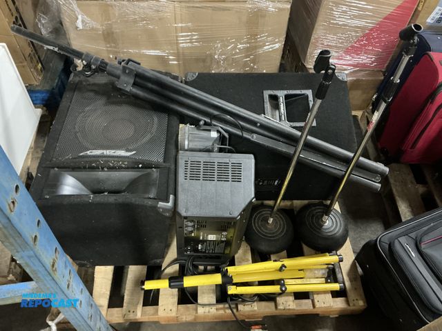 Lot 2-94521 - Skid lot includes: (2) microphone stands, pro-light 2-stage tri-pod stand, American Big Shot Lamp: Z...