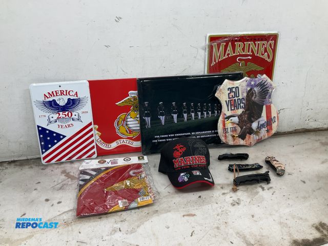 Lot 2-18447 - Lot includes: signs, ballcap, knives, &amp; flag