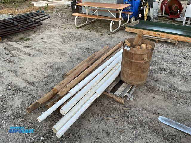 Lot 2-13656 - Skid Lot of Various Wooden Posts and PVC Pipes, Barrel Posts around 7”-24”, other posts around 43”-1...
