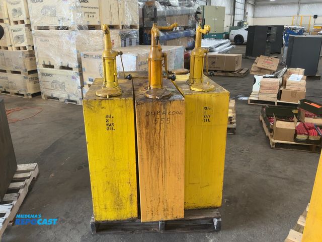 Lot 2-21445 - (4) Oil Tanks with Hand Crank Pumps, tanks are approx. 13"x29"x38" tall, one is about 1/3 full