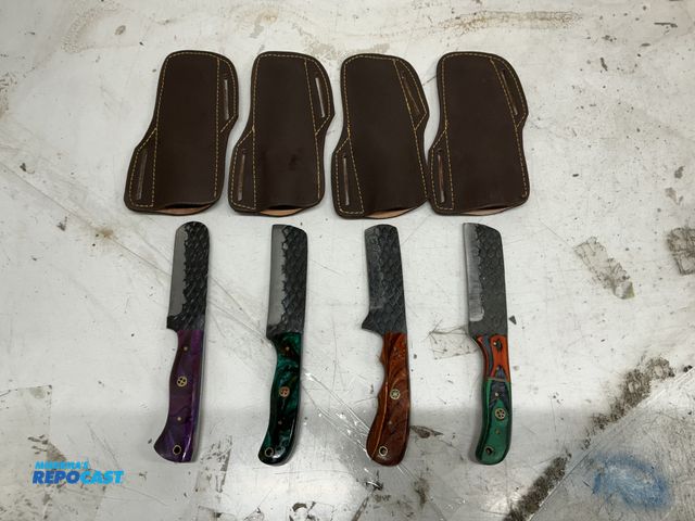 Lot 2-92168 - Lot of (4) Collectible 4” blade Damascus Knives w/ brown leather sheathes