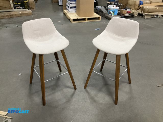 Lot 2-67611 - (2) wooden legged white cushioned stool chairs, size: 17.5”15”x36”H