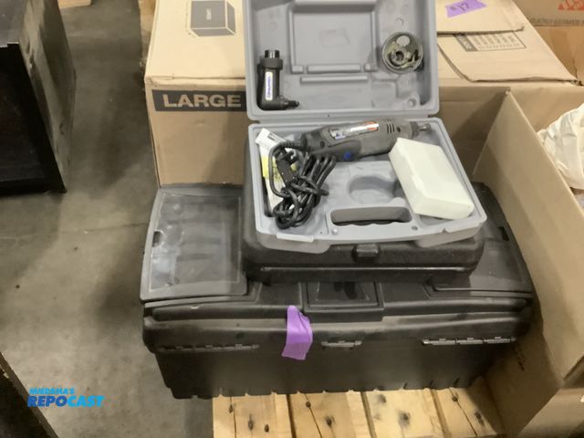 Lot 2-99193 - Husky tool box with misc tools, Black &amp; Decker Quantum Pro electric drill, Dremel 300 series